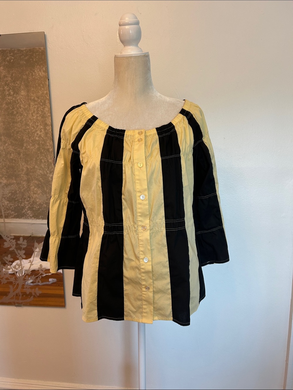 Samuel Dong Yellow & Black Striped Button-Front Peasant Blouse